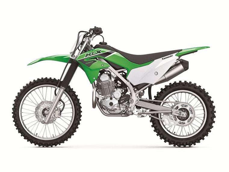 The Kawasaki KLX230R has a seat height of 36.4 inches, while its short sibling, the 230RS, has a seat height of 35.4 inches.