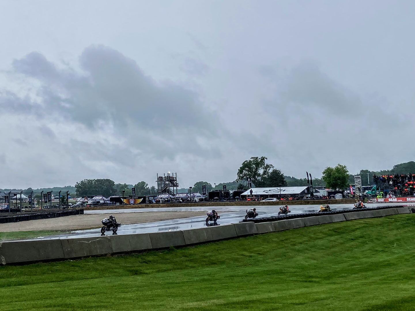 Baggers make their way through the treacherous turn 5 on Saturday. No. 33 Kyle Wyman’s Harley-Davidson CVO Road Glide leads No. 29 Tyler O’Hara’s Factory Indian Challenger.