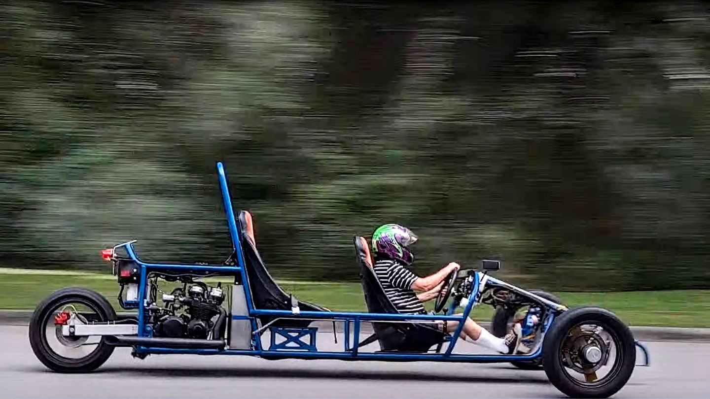 Looks fun, doesn’t it? A Tampa Trike prototype undergoing testing in Florida. Motor unknown, but three variants are planned: 250cc, 750cc, and 1,400cc engines are on tap for future production models. US patents 11,753,105 and 11,279,430.