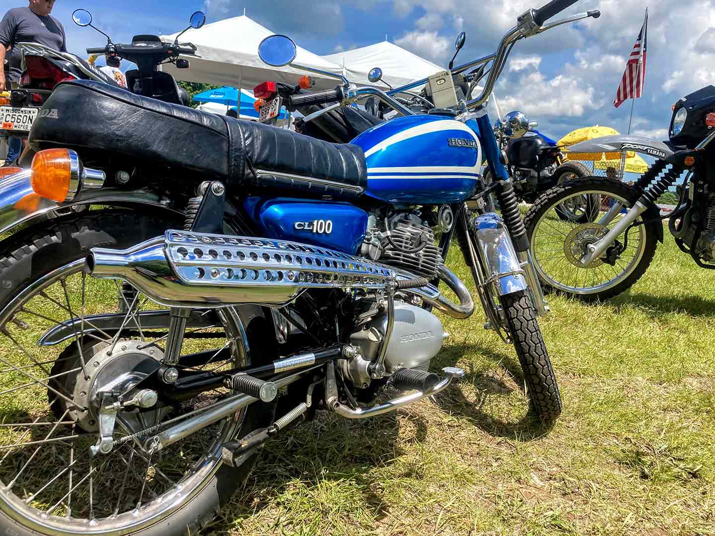 Even small bikes get big love and restoration. Likely a 1971 Honda CL100 scrambler.